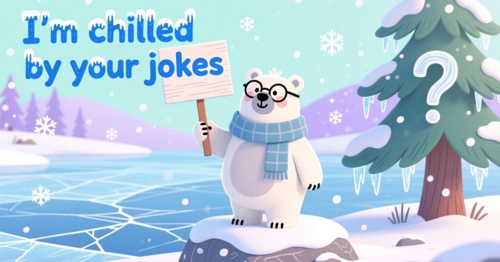 A cute illustration of a polar bear wearing glasses and a blue scarf standing in a frozen landscape, holding a sign that says "I'm chilled by your jokes."