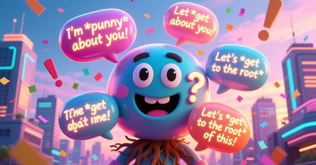 A vibrant 3D character in a futuristic city surrounded by glowing speech bubbles containing playful wordplay such as "I'm *punny* about you!" and "Let's *get to the root*."
