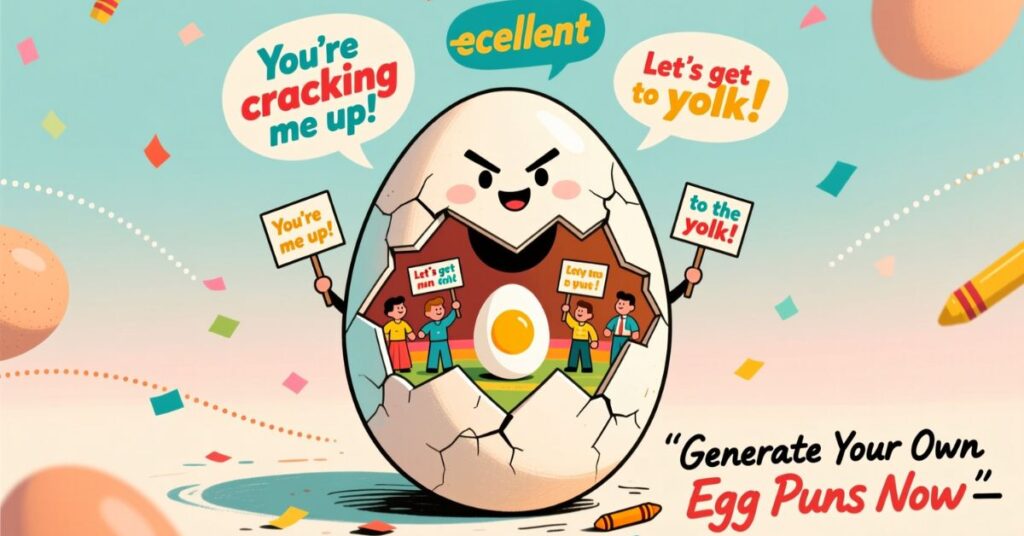 A playful graphic for an online generator titled "Generate Your Own Egg Puns Now," featuring a giant cracked egg with small people inside holding signs like "Let's get yolk!" and "To the yolk!"