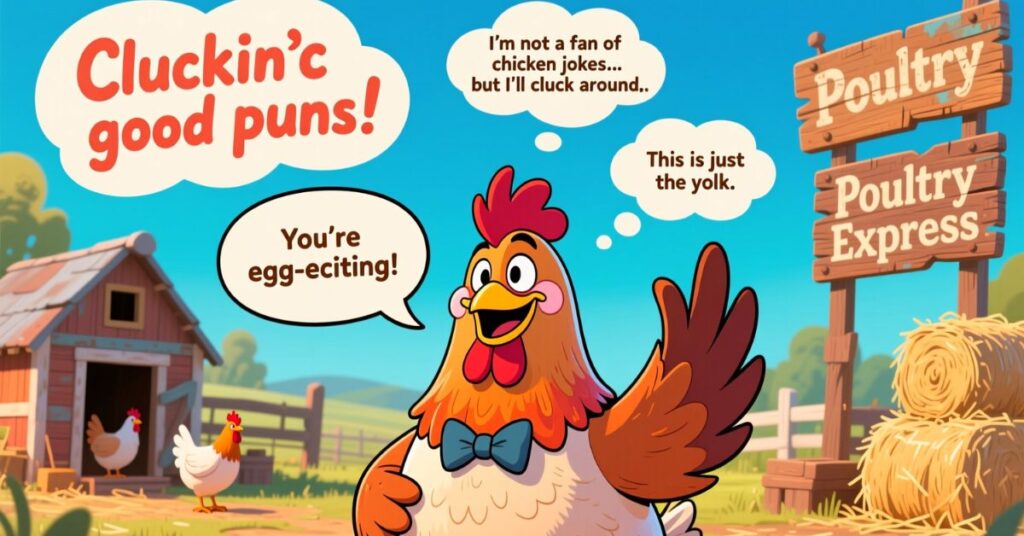 A cheerful cartoon rooster wearing a bow tie stands in front of a red barn and a "Poultry Express" sign, surrounded by speech bubbles with chicken puns like "You're egg-citing!"