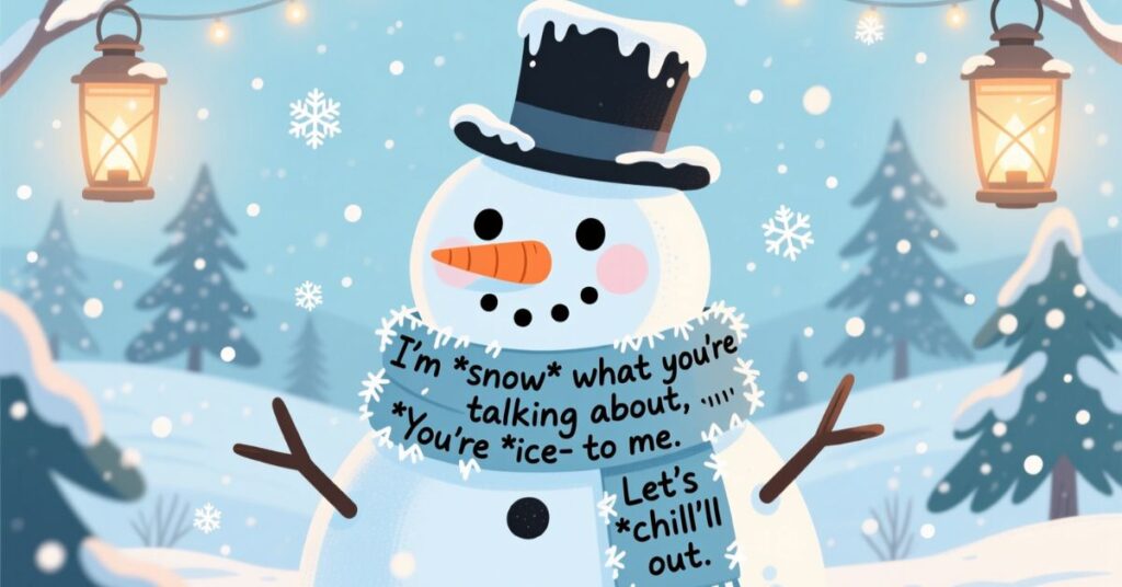 A whimsical illustration of a snowman wearing a top hat and scarf, surrounded by winter puns text bubbles such as "I'm *snow* what you're talking about" and "Let's *chill'll* out."