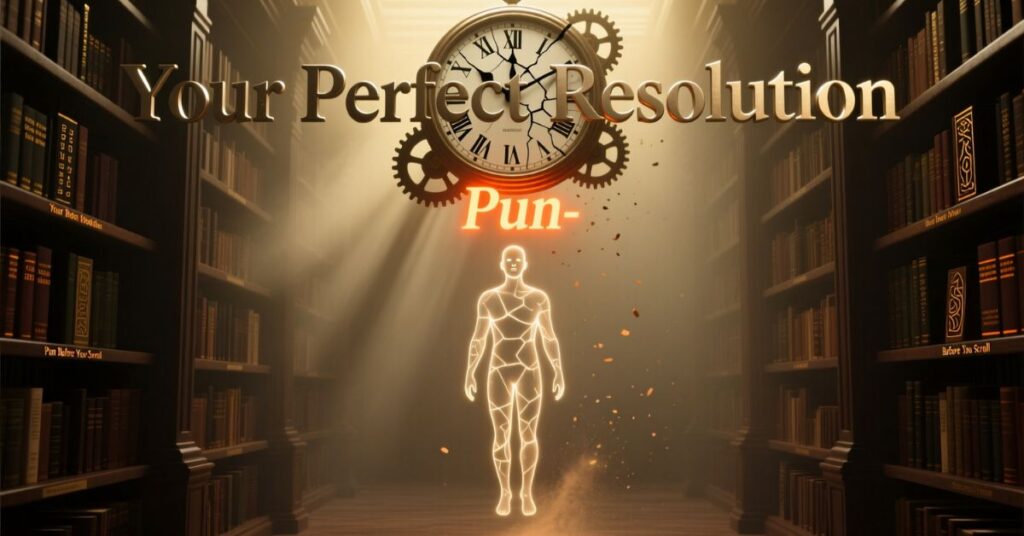 A surreal, glowing human figure made of light stands in a dark library aisle. A large, cracked clock floats above the figure with golden text that reads "Your Perfect Resolution Pun-"