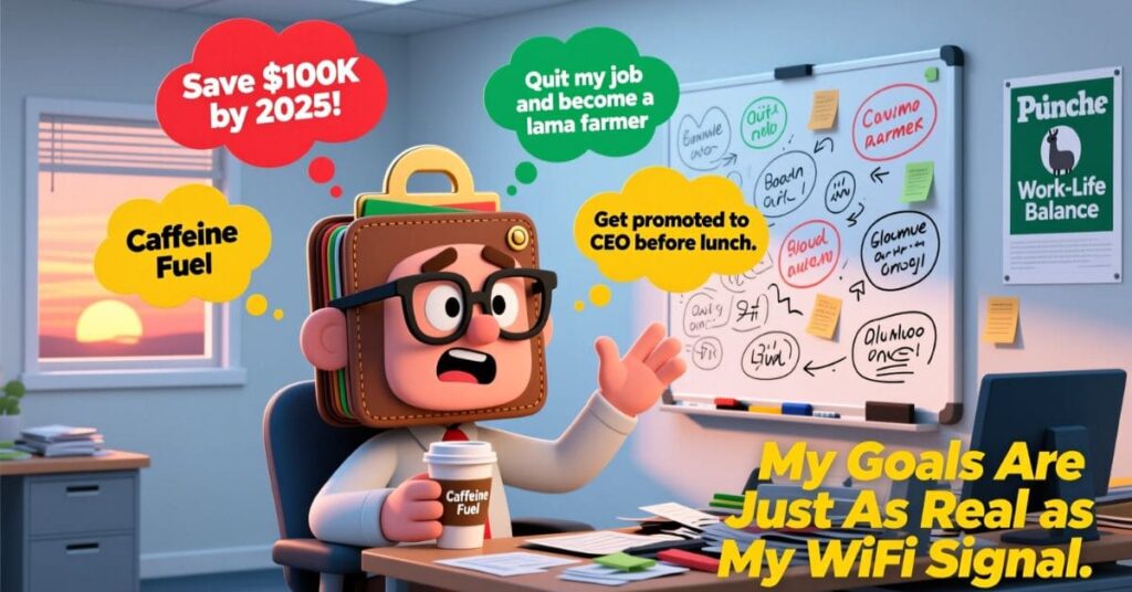 A stressed cartoon office worker with a briefcase head sits at a desk cluttered with papers. Thought bubbles show unrealistic goals like "Quit my job and become a lama farmer". The caption at the bottom reads: "My Goals Are Just As Real as My WiFi Signal"