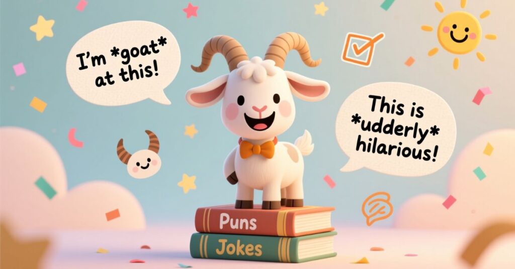 An adorable cartoon goat standing on a stack of "Puns" and "Jokes" books, surrounded by confetti and speech bubbles with phrases like "I'm *goat* at this!" and "This is *udderly* hilarious!"