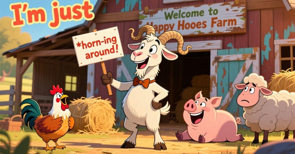 A humorous barnyard scene at "Happy Hooves Farm" where a goat holding a sign that says "*horn-ing* around!" stands next to a laughing pig and a surprised sheep