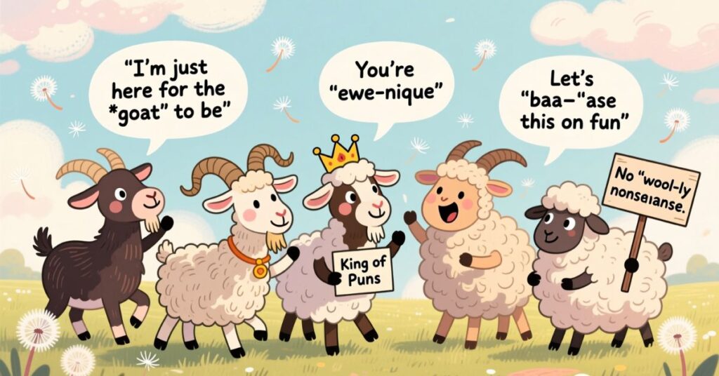 A whimsical countryside scene featuring a group of different goats and sheep, including a central goat wearing a crown and a "King of Puns" sign, showcasing a variety of goat puns