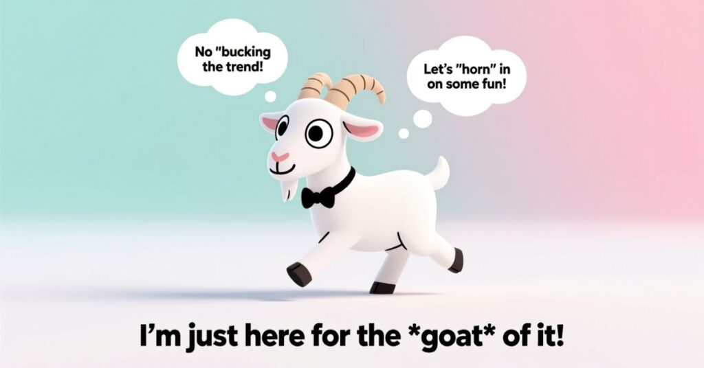 A minimalist 3D render of a white goat wearing a black bowtie against a pastel background, with speech bubbles featuring goat puns like "No *bucking* the trend!" and "I'm just here for the *goat* of it!"