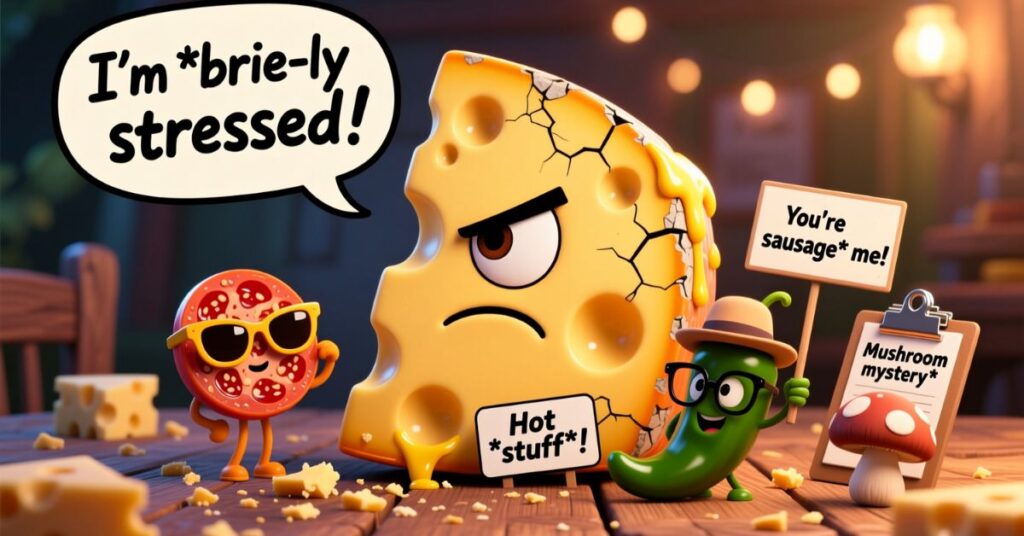 A humorous scene featuring an angry, oversized block of Swiss cheese facing off against a small pepperoni slice in sunglasses, with speech bubbles like "I'm *brie-ly* stressed!"