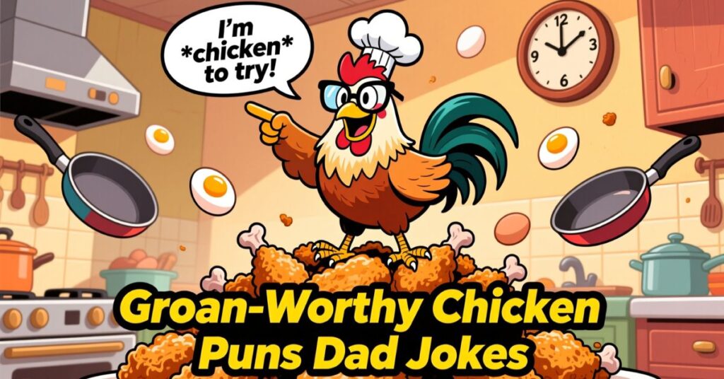 A vibrant kitchen scene featuring a cartoon rooster in a chef's hat standing on a pile of fried chicken, surrounded by floating fried eggs and a speech bubble saying "I'm *chicken* to try!"