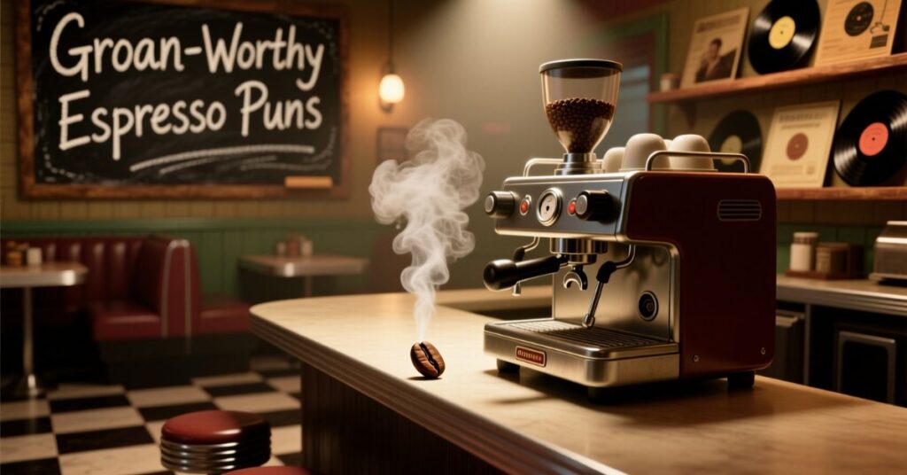 A moody 3D render of a professional espresso machine on a cafe counter with a single coffee bean releasing a large plume of steam, perfect for a blog post about "coffee puns and espresso humor."