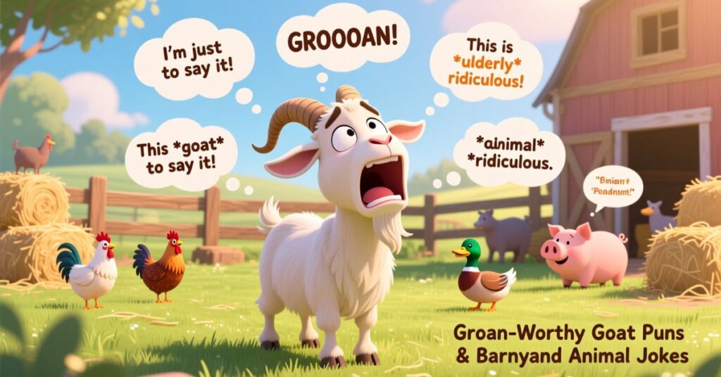 A humorous "Groan-Worthy" barnyard scene featuring a screaming goat, a pig in sunglasses, a duck, and several chickens, all surrounded by various animal-themed jokes.