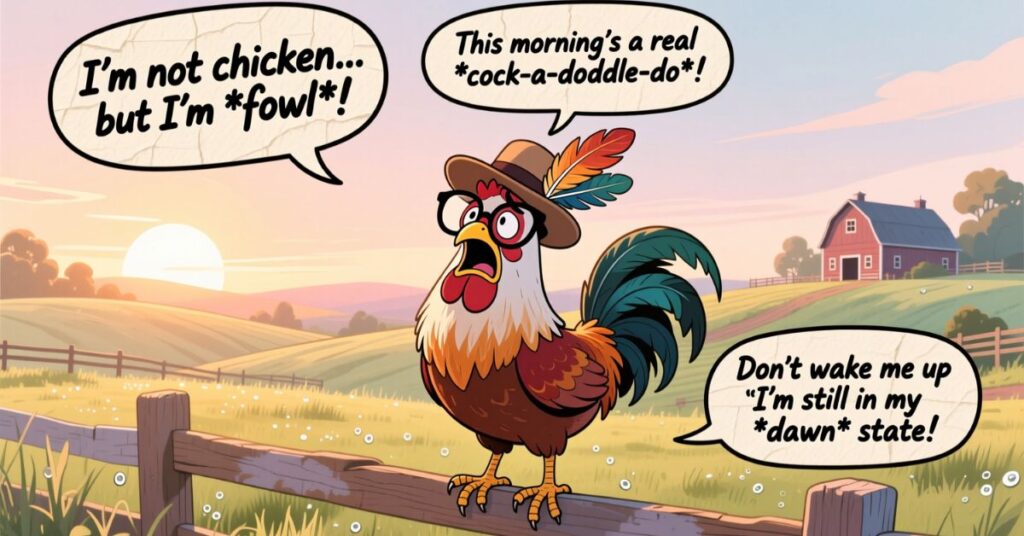 A humorous sunrise scene on a farm where a rooster wearing glasses and a feathered hat exclaims, "I'm not chicken... but I'm *fowl*!" as part of a collection of chicken puns.