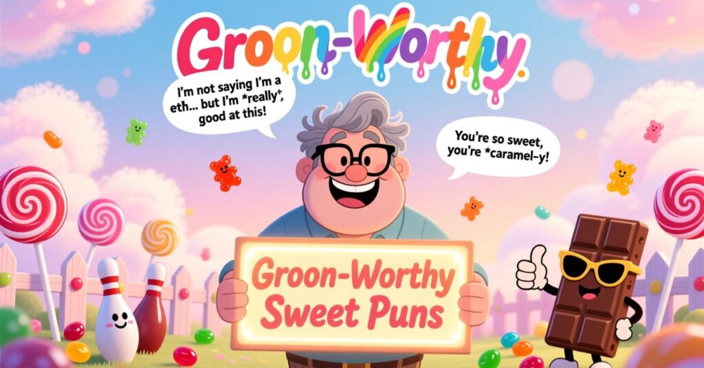 A festive "Groon-Worthy Sweet Puns" graphic featuring a friendly cartoon man and a chocolate bar character with sunglasses in a park made of lollipops and gummy bears.