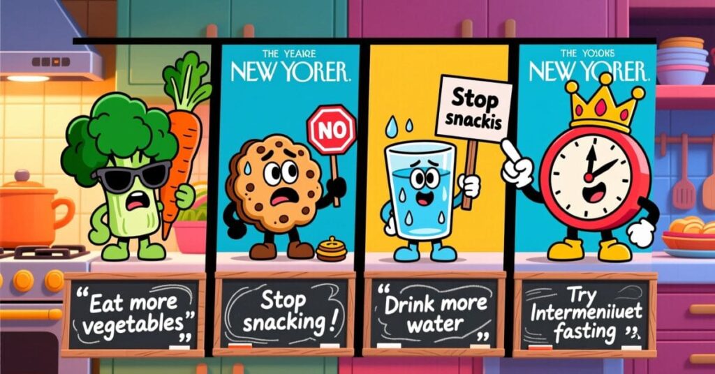 A humorous four-panel comic showing anthropomorphic healthy and unhealthy habits. A broccoli wearing sunglasses, a worried cookie, a sweating glass of water, and a cheerful clock illustrate tips like "Stop snacking!" and "Drink more water"