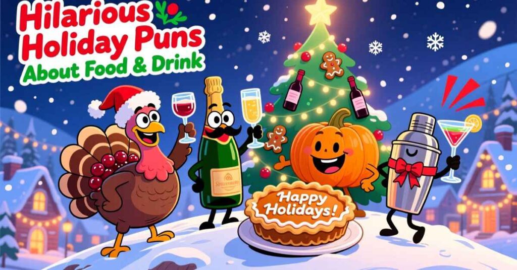 A whimsical group of anthropomorphic holiday treats, including a turkey in a Santa hat, a champagne bottle with a mustache, a pumpkin, and a cocktail shaker, all cheering together in a snowy village. The text reads "Hilarious Holiday Puns About Food & Drink."