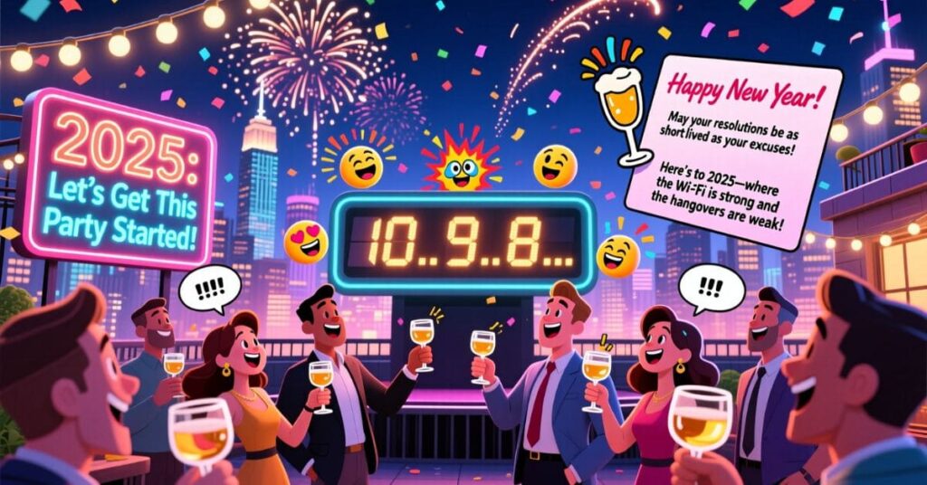 A crowd of people in formal wear cheering with champagne glasses in front of a city skyline at night. A large digital clock counts down "10.. 9.. 8..." under a neon sign that says "2025: Let's Get This Party Started!"
