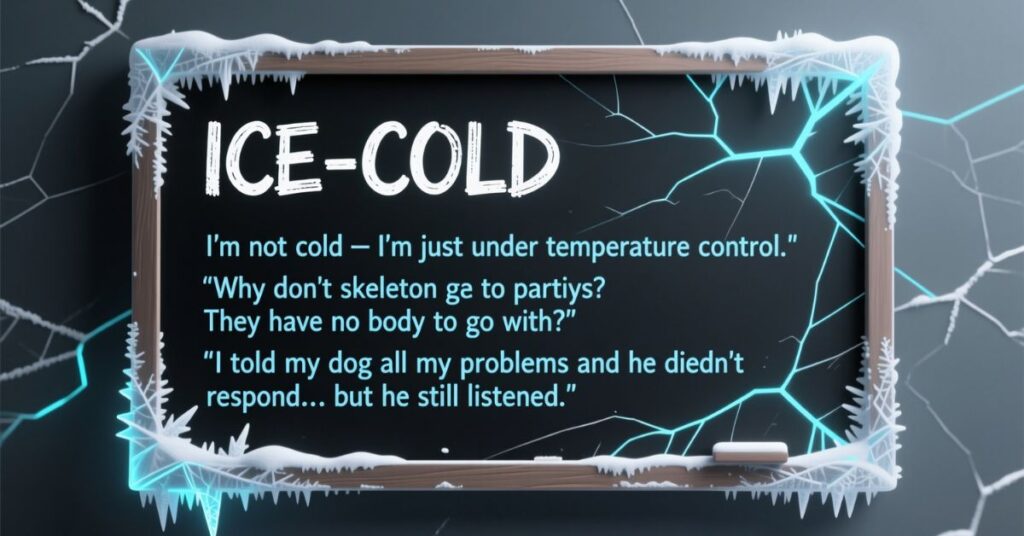 A chalkboard with an icy frame titled "ICE-COLD," displaying a list of winter puns and jokes about temperature control and skeletons.