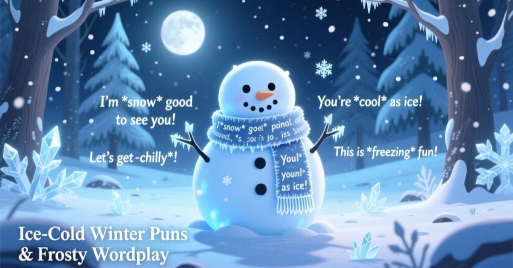 A serene nighttime winter scene titled "Ice-Cold Winter Puns & Frosty Wordplay," showing a large snowman with a carrot nose standing under a full moon in a pine forest