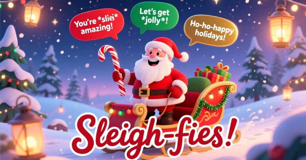 A 3D-style illustration of Santa Claus holding a candy cane while sitting in a sleigh full of gifts. The background is a snowy village at night with glowing lanterns. Large text at the bottom says "Sleigh-fies!" while speech bubbles above Santa include more santa and elf puns
