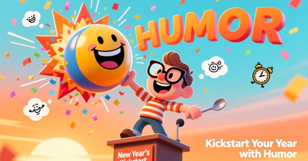 A cartoon boy with glasses stands on a podium holding up a giant smiling emoji ball against a sunset sky. The text "HUMOR" is written in large 3D letters above him, while the caption reads "Kickstart Your Year with Humor."