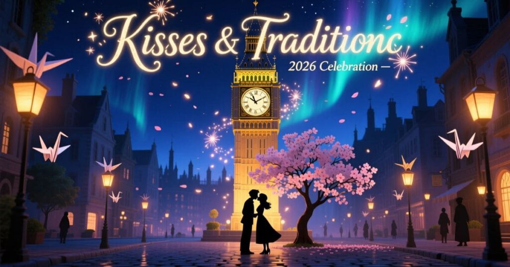 A romantic scene of a couple kissing under a cherry blossom tree in a city square at night. The background features a large clock tower similar to Big Ben and a vibrant aurora borealis sky with the text "Kisses & Tradition – 2026 Celebration"
