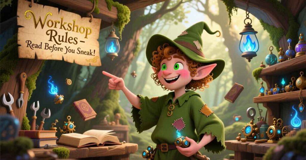 A cheerful elf with green eyes and curly hair points toward a wooden sign titled "Workshop Rules – Read Before You Sneak!" He is in a magical forest workshop filled with floating books, glowing blue lanterns, and golden mechanical gadgets