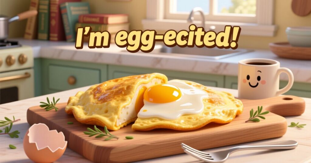A high-quality digital render of a fresh omelet and a sunny-side-up egg on a wooden cutting board in a kitchen, with a smiling coffee mug and the text "I'm egg-ecited!"