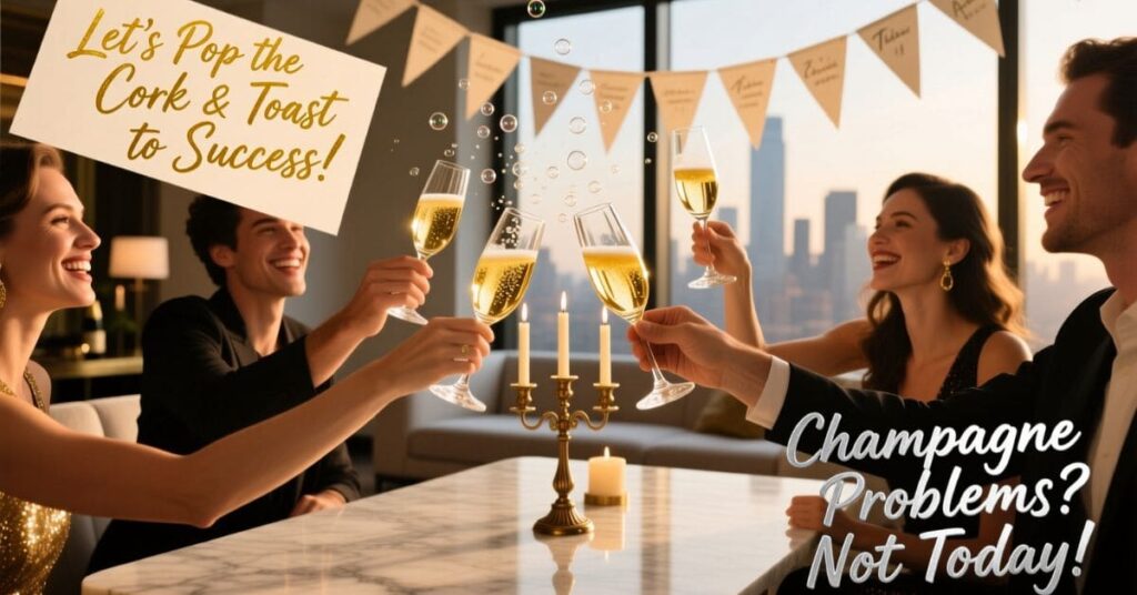 Four friends in formal evening wear toast with glasses of champagne at a marble table. Gold text in the corner says "Let's Pop the Cork & Toast to Success!" while the bottom right features the phrase "Champagne Problems? Not Today!"