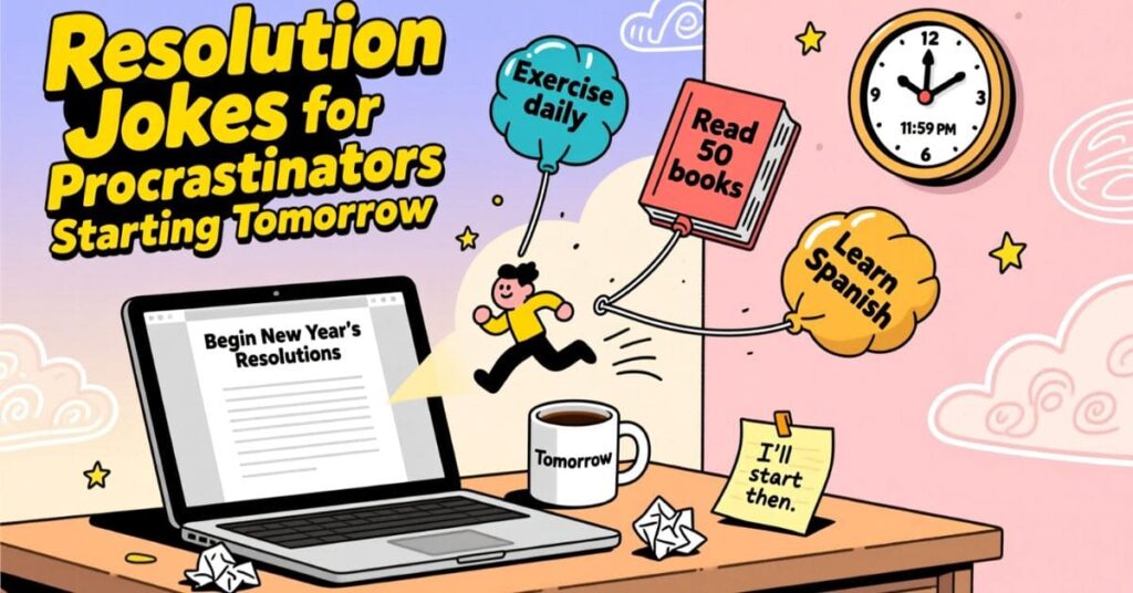A digital illustration of a laptop on a desk showing a "Begin New Year's Resolutions" document. A cartoon character runs out of the screen holding balloons for daily exercise and reading, making this a perfect backdrop for New Year Resolution Puns