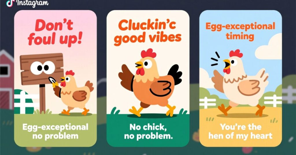 A colorful three-panel graphic for social media featuring illustrated hens and playful chicken puns such as "Don't foul up!" and "You're the hen of my heart"