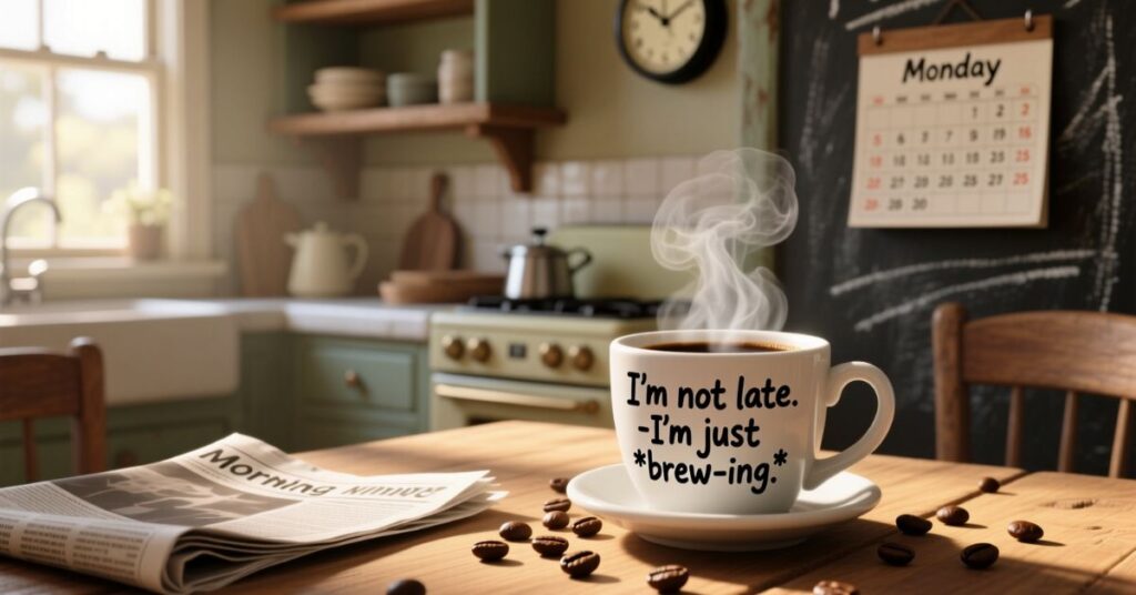 A cozy, sunlit kitchen setting with a steaming white mug on a wooden table that reads "I'm not late. -I'm just *brew-ing.*" as part of a collection of coffee puns.