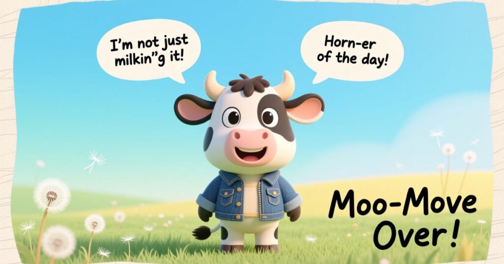 An adorable illustration of a young cow wearing a denim jacket standing in a dandelion field, featuring playful cow puns like "Moo-Move Over!" and "Horn-er of the day!"