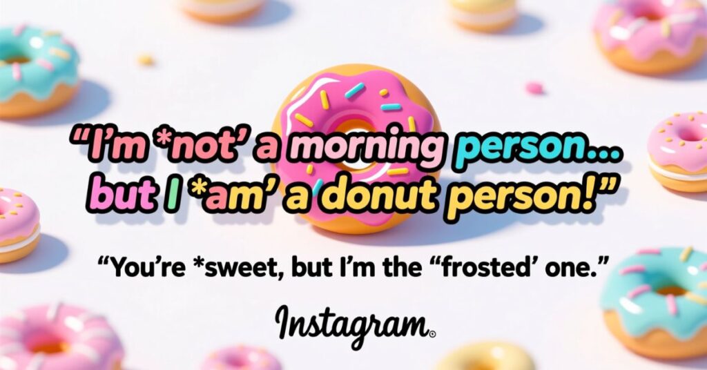 A bright and cheerful marketing graphic featuring several pink and blue glazed donuts with the text "I'm *not* a morning person... but I *am* a donut person!" alongside clever donut puns.