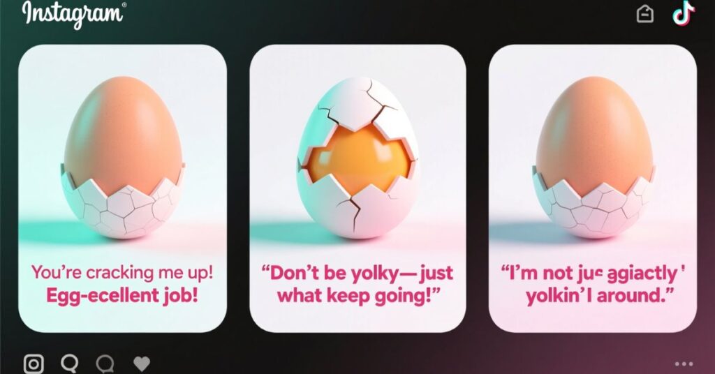 A social media-style graphic for Instagram and TikTok featuring three distinct egg puns panels: "You're cracking me up! Egg-ecellent job!", "Don't be yolky just what keep going!", and "I'm not just yolkin' around."