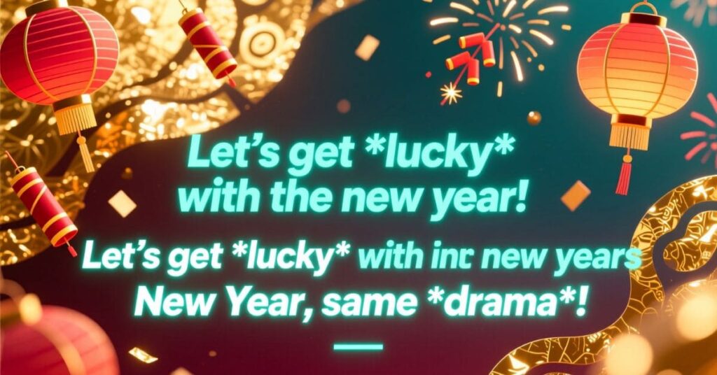 A dark blue background decorated with red lanterns and fireworks featuring neon text about getting lucky in the new year. This image serves as a great visual backdrop for a collection of funny new year puns.