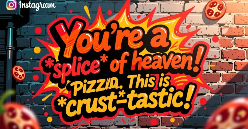 A high-energy graphic for Instagram titled "You're a *splice* of heaven!" set against a brick wall background, perfect for a blog post about cheesy pizza puns.