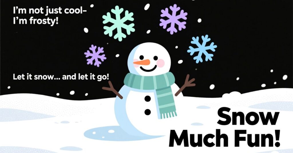 A minimalist illustration of a snowman wearing a teal scarf under several colorful snowflakes, featuring playful snow puns like "I'm not just cool I'm frosty!" and "Snow Much Fun!"
