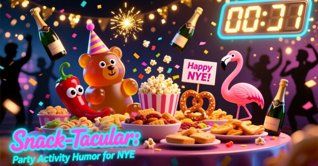 A party table overflowing with snacks like popcorn, pretzels, and cookies. Whimsical characters like a gummy bear in a party hat, a chili pepper, and a flamingo stand among the food. Neon text at the bottom reads "Snack-Tacular: Party Activity Humor for NYE"