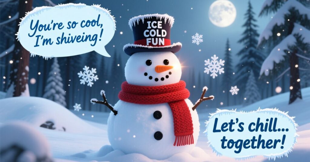 A festive nighttime scene featuring a snowman in a red scarf and a top hat that says "ICE COLD FUN," with speech bubbles saying "You're so cool, I'm shiveing!" and "Let's chill... together!"