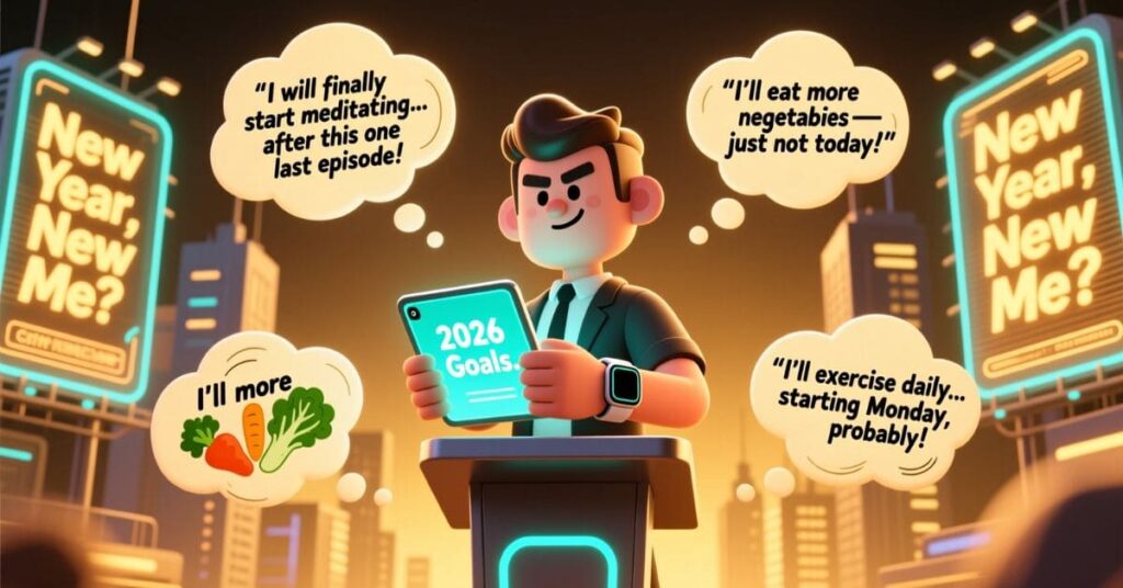 A cartoon man stands at a podium in a futuristic city, looking at a tablet labeled "2026 Goals". He is surrounded by thought bubbles containing self-deprecating humor about meditating and exercising, which are quintessential New Year Resolution Puns