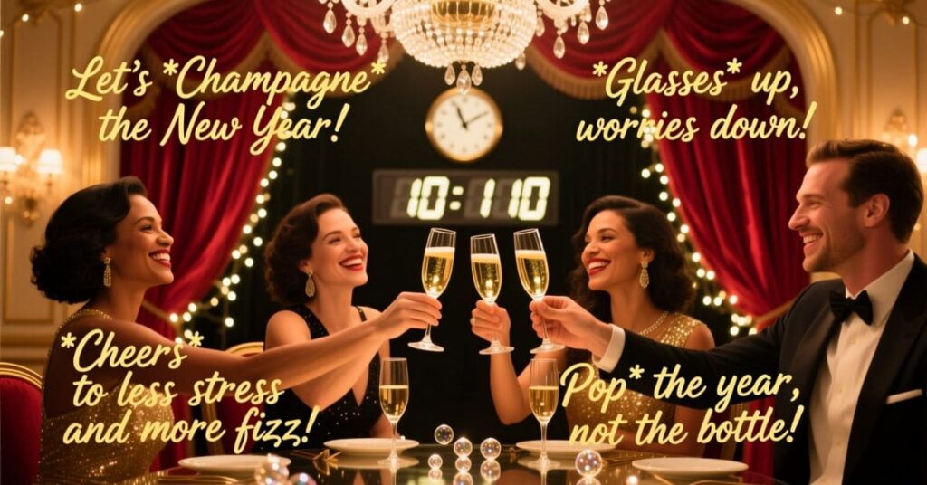 Four friends in elegant evening attire toast with champagne flutes in a luxury ballroom. The image is overlaid with text like "Pop* the year, not the bottle!" making it a perfect companion for a list of clever new year puns.