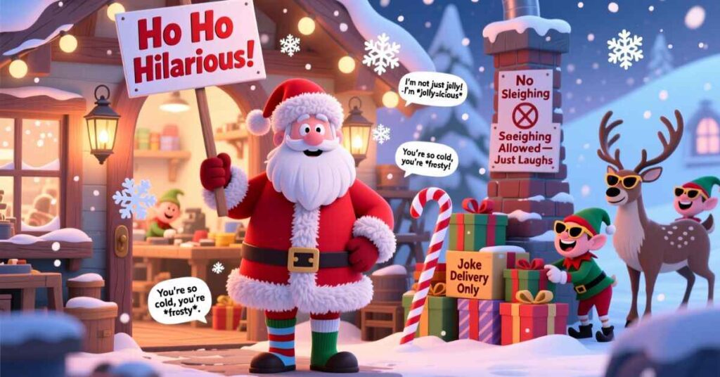 Santa Claus stands in front of his workshop holding a sign that says "Ho Ho Hilarious!" Nearby, a reindeer and an elf wearing sunglasses stand next to a stack of gifts labeled "Joke Delivery Only." The scene is filled with speech bubbles containing various santa and elf puns