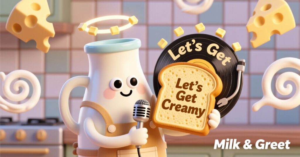 A whimsical kitchen-themed "Milk & Greet" graphic featuring a 3D milk jug character with a halo holding a microphone and a piece of toast that says "Let's Get Creamy."