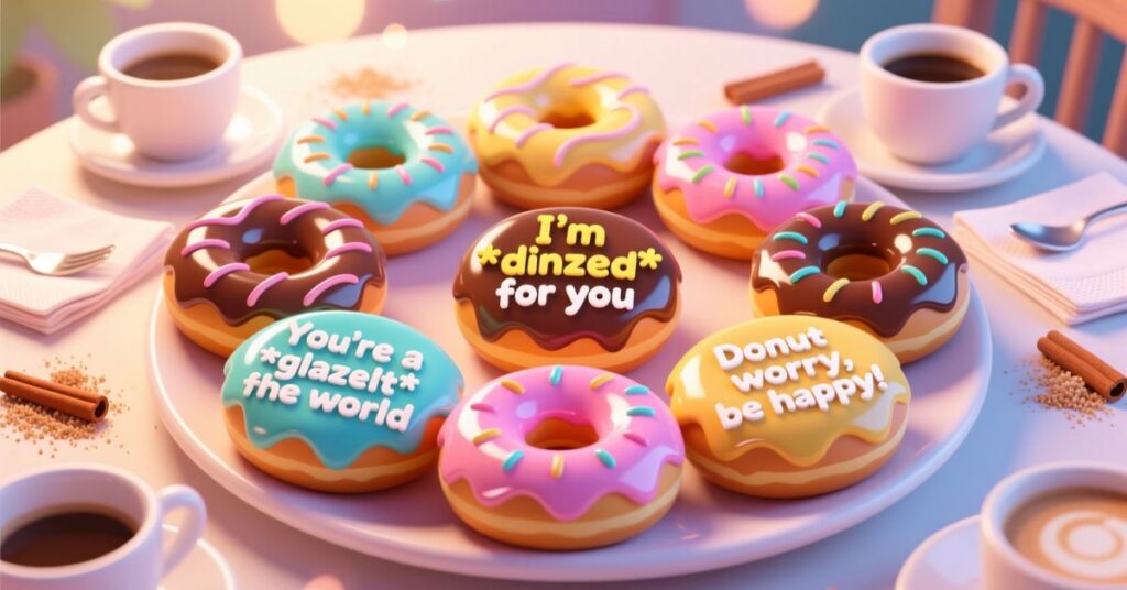 A delicious assortment of colorful donuts on a white platter, featuring a central chocolate donut with the donut puns "I'm *dinzed* for you" and "You're a *glazelt* the world."