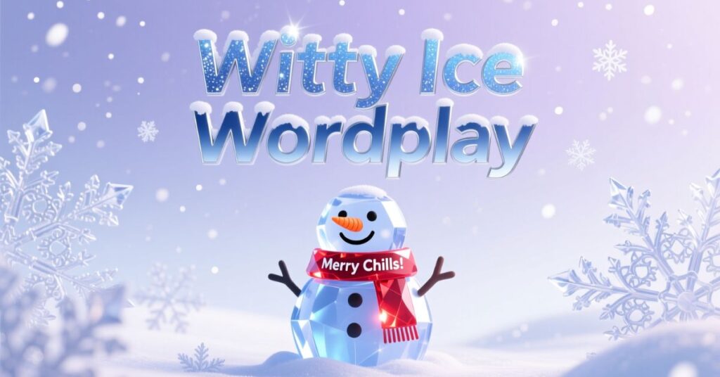 An elegant winter graphic titled "Witty Ice Wordplay" featuring a crystalline-style snowman wearing a red "Merry Chills!" scarf against a background of large snowflakes.