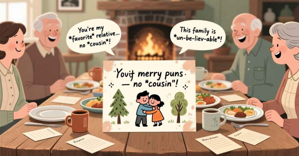 A warm family gathering around a dinner table with a fireplace in the background. Speech bubbles above the characters contain christmas puns about relatives, while a centerpiece card shows two people hugging with the text "Yov-it merry puns no cousin!"