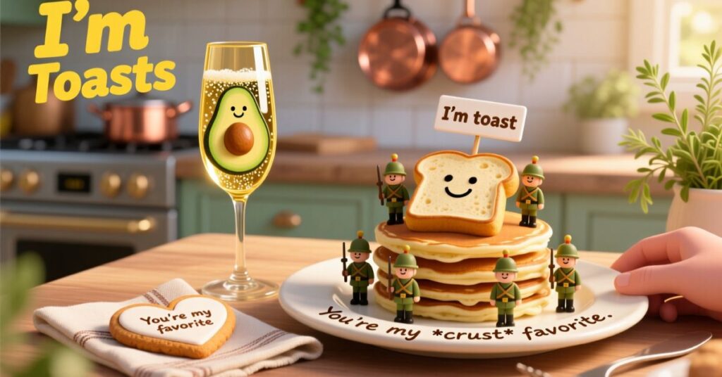A celebratory breakfast scene featuring a stack of pancakes with small soldier figures, a glass of champagne with an avocado character, and a heart-shaped cookie that says "You're my favorite."