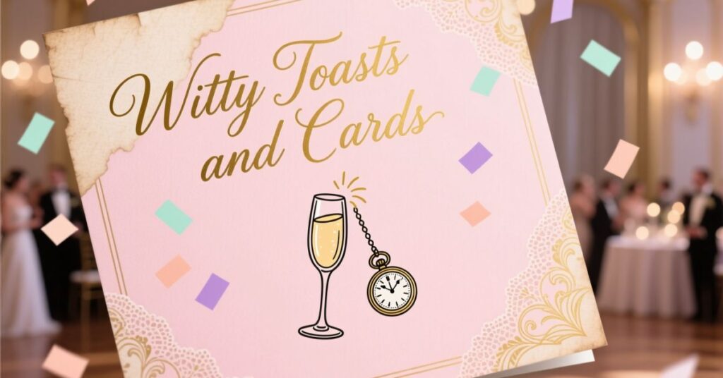An elegant, pink-themed card for "Witty Toasts and Cards" featuring a champagne glass and a pocket watch set against a blurred background of a formal ballroom.
