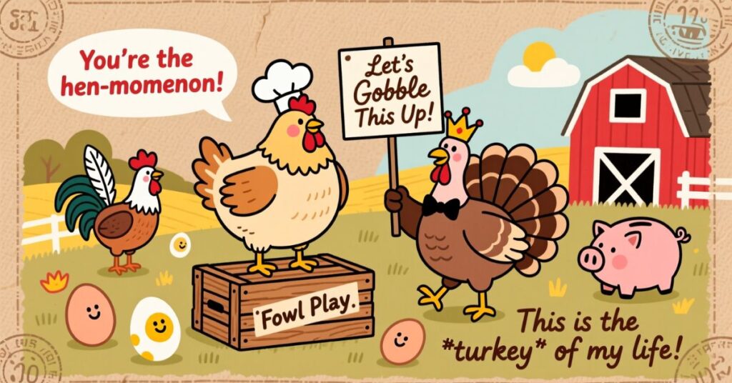 A charming farm-themed graphic showing a hen on a crate labeled "Fowl Play," a turkey with a crown holding a "Let's Gobble This Up!" sign, and a small pink pig