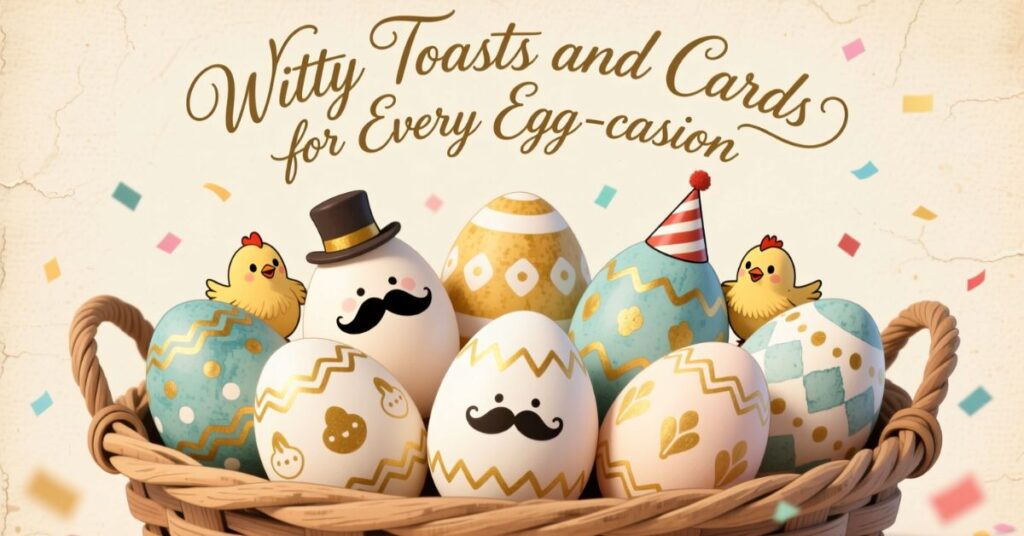 A charming vintage-style card titled "Witty Toasts and Cards for Every Egg-casion," featuring a woven basket filled with decorated Easter eggs, some with mustaches and party hats, perfect for fans of egg puns.